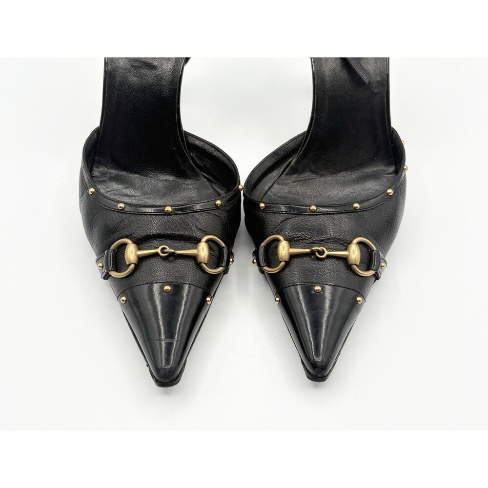 Gucci Black Leather Horsebit Studded Pointed Toe Ankle Strap Heels Size EU 38 - Picture 7 of 14